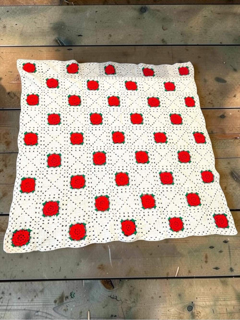 Granny Square Crochet Afghan Blanket w/ Red 3D Roses 52” x 51” Handmade Vintage